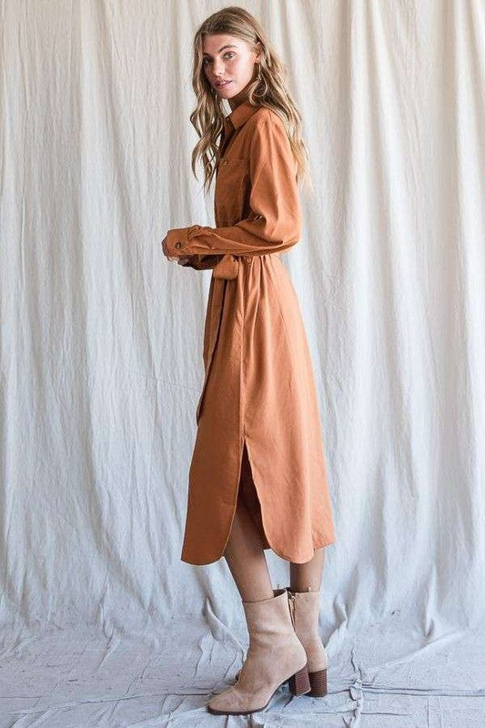 Jade by Jane Solid Button Down Belted Long Dress