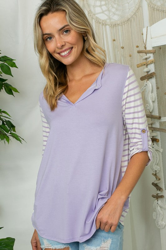 e Luna Striped Mix Split Neck Top