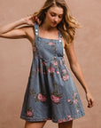 BiBi Flower Printed Wide Strap Denim Overalls