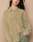 POL Button Down Raw Hem Distressed Shacket