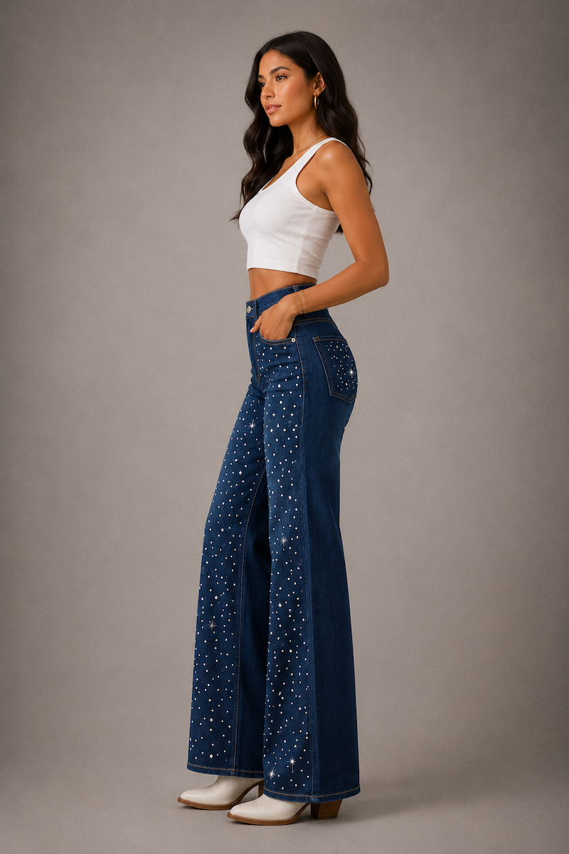 GJG Denim Celeste Rhinestone Wide-Leg Jeans — Dark Wash