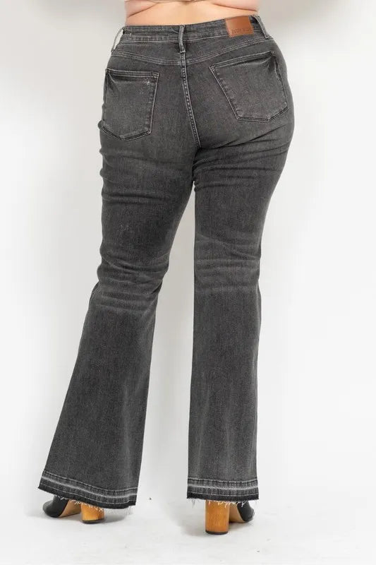 Judy Blue Full Size Midi Rise Tummy Control Washed Gray Release Hem Flare Jeans Plus Size