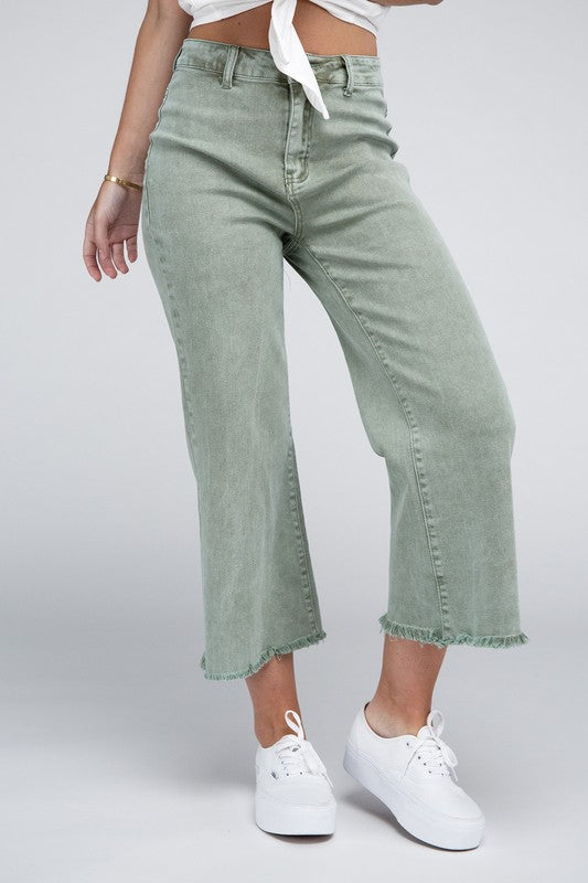 Zenana Acid Washed High Waist Frayed Hem Straight Pants