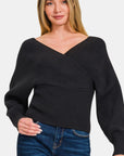 Zenana Cross Wrap Rib Long Sleeve Sweater