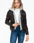 YMI Removable Faux Layered Multi-Pocket Jacket with Fuzzy Hood