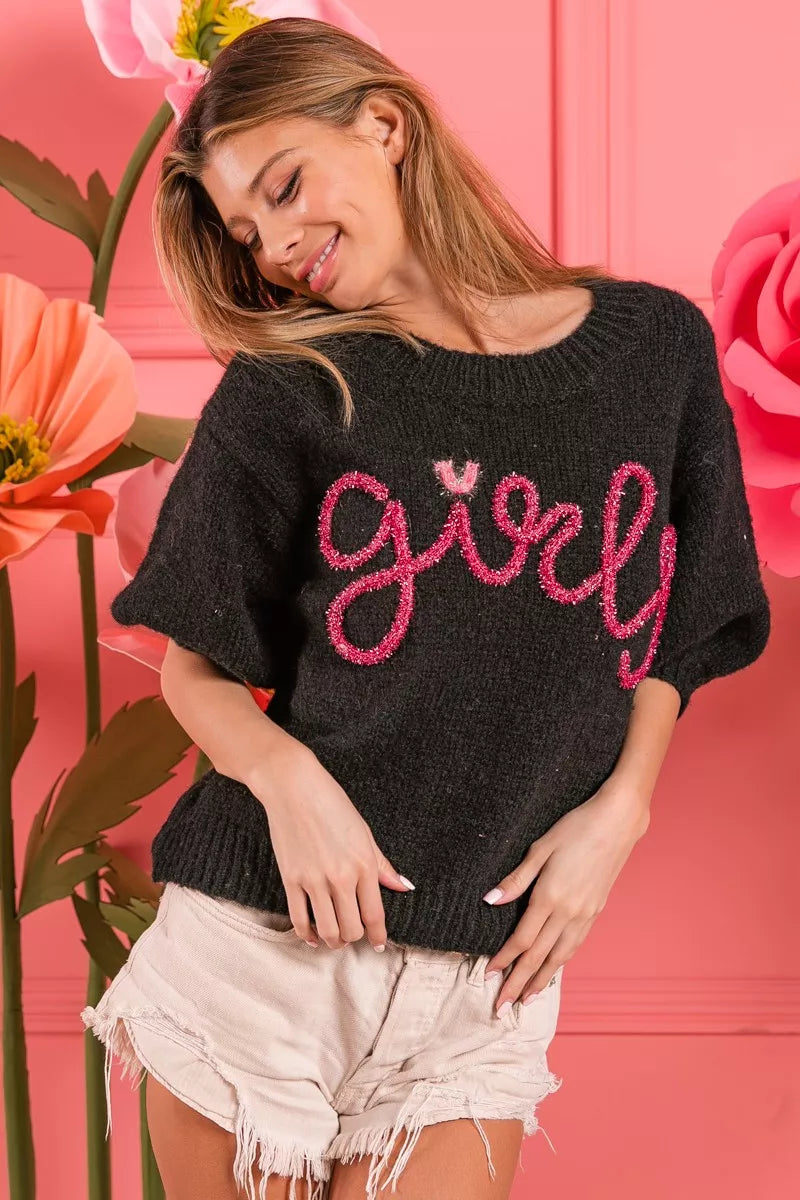 BiBi Metallic Letter Short Puff Sleeve Hairy Sweater