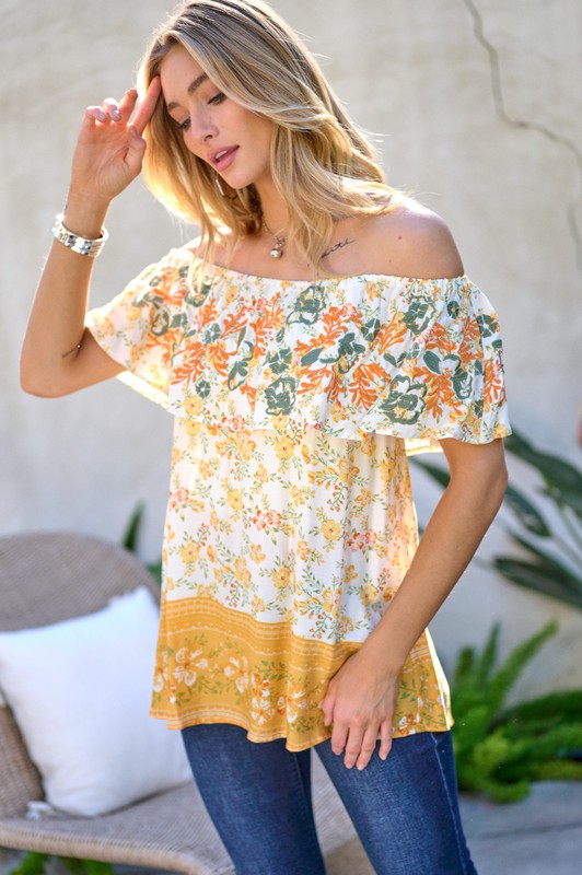 Davi &amp; Dani Printed Off Shoulder Smocked Top