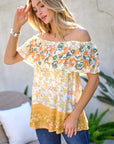 Davi & Dani Printed Off Shoulder Smocked Top