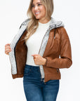 YMI Faux Layered Double-Zipper Jacket with Fuzzy Hood