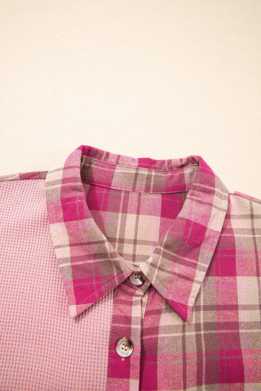 Plus Size Plaid Patchwork Waffle Shirt