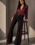 GJG Denim Texas Sun Black Bell Bottom Jeans with Burgundy Fringe