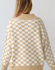 Checkered Buttons V Neck Drop Shoulder Sweater