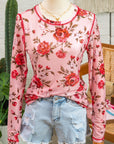 Pink Floral Print Exposed Seam Detail Mesh Long Sleeve Top