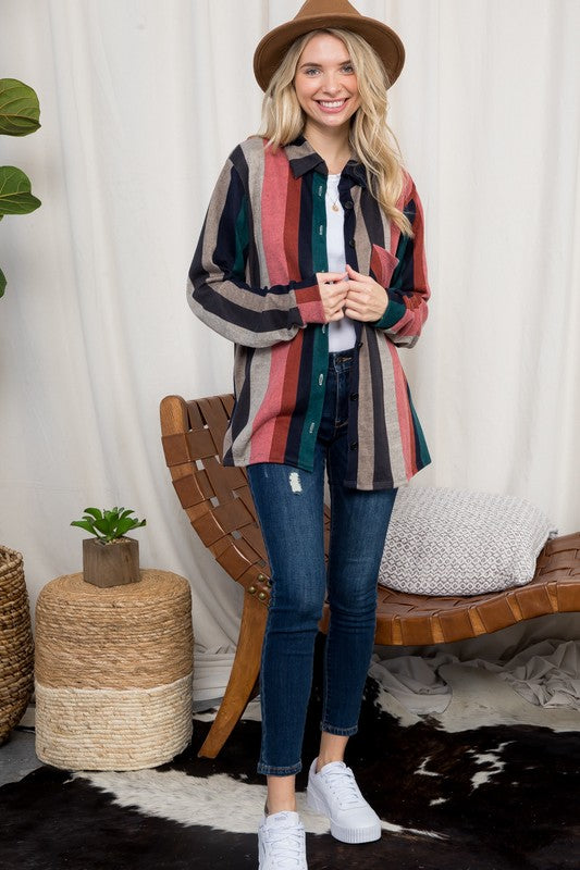 e Luna Cozy Stripe Button Down Shacket