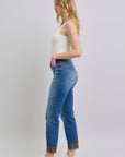 Judy Blue Full Size Plaid Print Cuff Straight Leg Jeans with Pockets