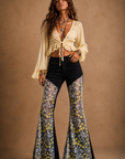 GJG Denim Lemon Floral Lace Bell Bottom Jeans — Black