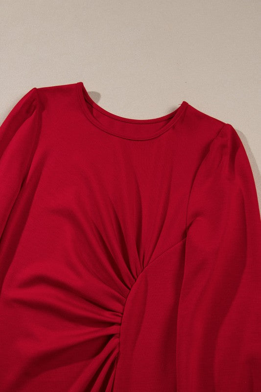 Solid Ruched Long Sleeve Midi Dress