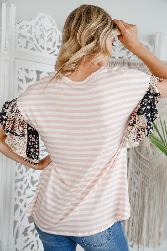 e Luna Striped Woven Floral Ruffle Top