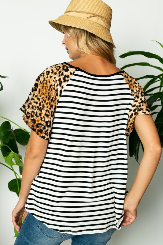 e Luna Striped Animal Flare Sleeve Top