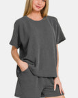 Zenana Rib Short Sleeve T-Shirt and Shorts Set