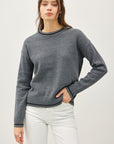 Be Cool Striped Trim Round Neck Long Sleeve Sweater