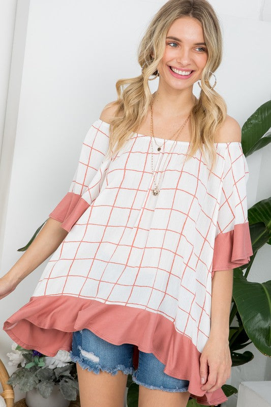 e Luna PLUS Plaid Mix Ruffle Peasant Top