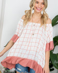 e Luna PLUS Plaid Mix Ruffle Peasant Top