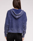 Zenana Acid Wash Cotton Waffle Hooded Zip-Up Jacket