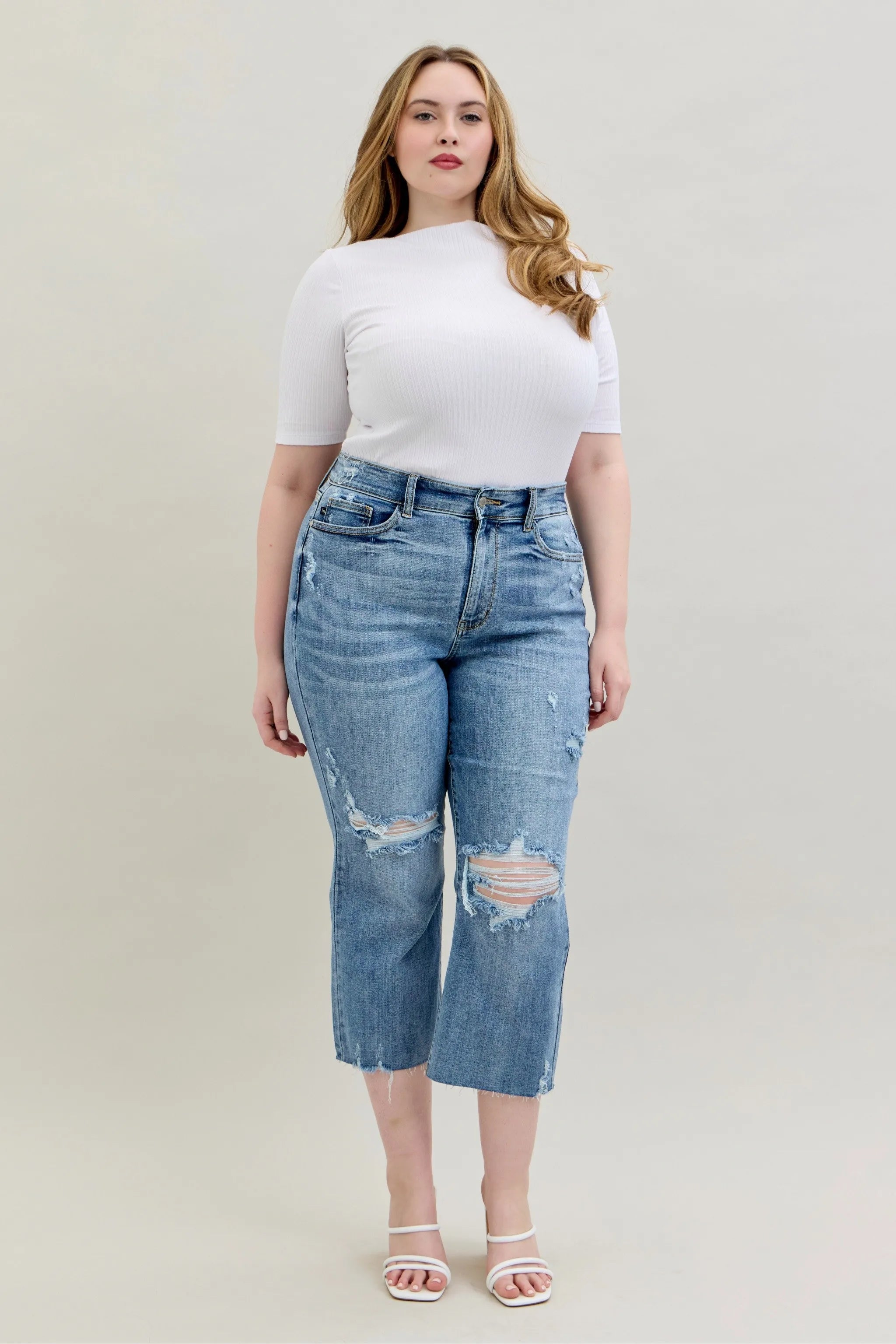 Judy Blue Full Size High Waist Destroy Crop Wide Leg Jeans Plus Size