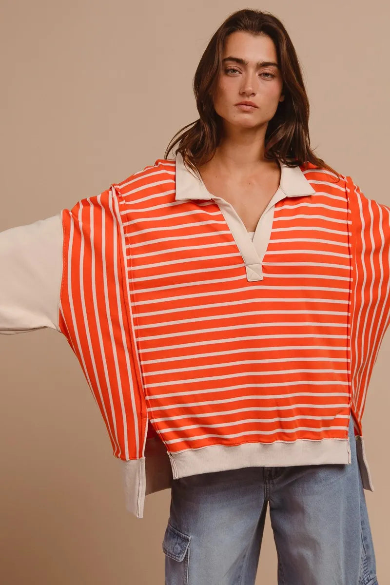 BiBi Stripe Knit Loose Fit Top With Cut Edge Detail in Orange