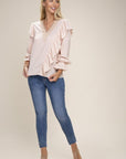 V-Neck Lace Trim Long Sleeve Blouse