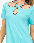 Celeste Full Size Crisscross Cutout Leopard Contrast Trim T-Shirt