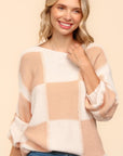 Haptics Full Size Checkered Round Neck Drop Shoulder Sweater