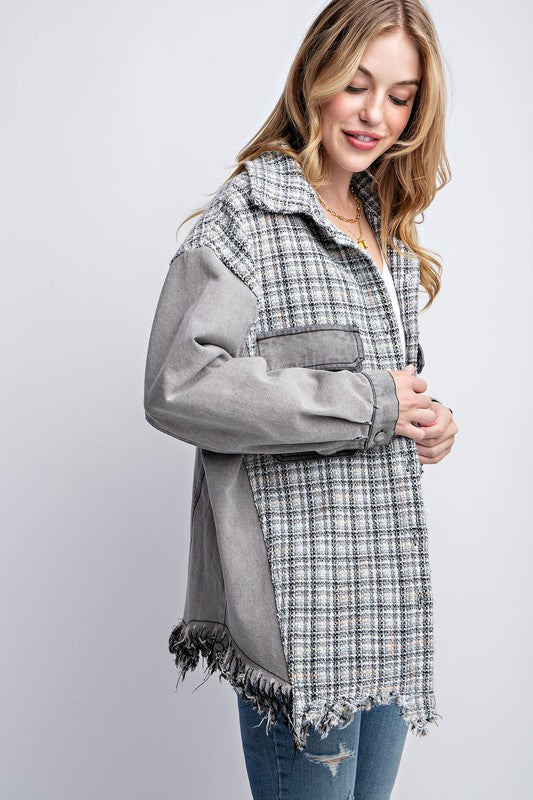 Sweet Generis Tweed Mixed Denim Shacket with Fringed Hem