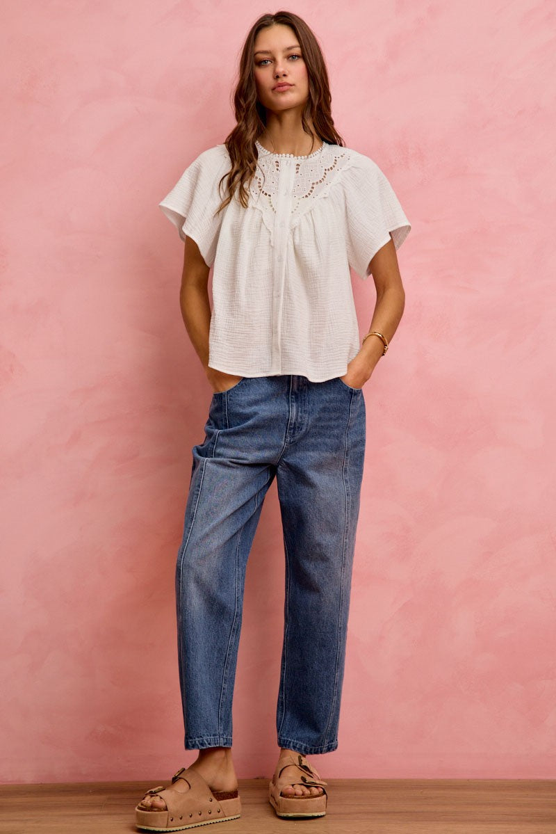 SO ME Cotton Gauze Lace Trim Flutter Sleeves Blouse Top