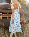 Floral Shirred Bodice Knot Shoulder Maxi Dress