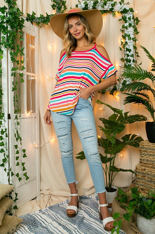 e Luna PLUS Multi Stripe Cold Shoulder Top