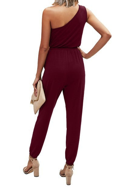 One Shoulder Sleeveless Elastic Waist Jumpsuit