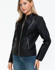 Snobbish Faux Leather Zip Up Mock Neck Jacket