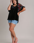 Umgee Full Size Velvet Embroidery Short Sleeve Blouse