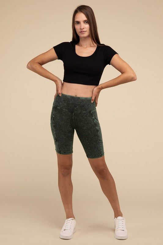 ZENANA Mineral Wash Wide Waistband Pocket Leggings
