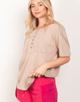 VERY J Twisted Sleeve Band Half Button Top