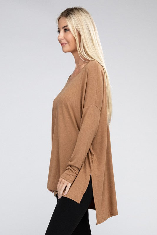 Zenana Dolman Long Sleeve V-Neck Side Slit Hi-Low Hem Top