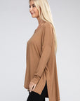 Zenana Dolman Long Sleeve V-Neck Side Slit Hi-Low Hem Top