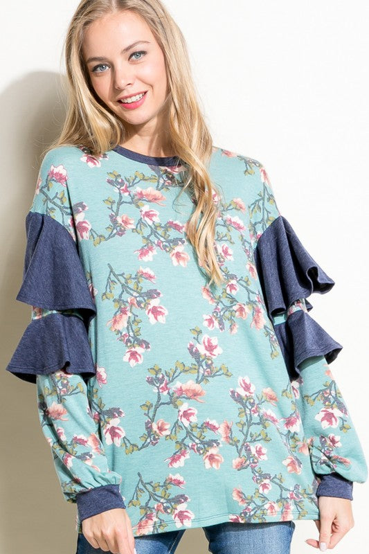 e Luna Floral Mixed Long Sleeve Ruffle Top