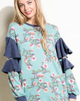 e Luna Floral Mixed Long Sleeve Ruffle Top