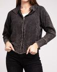 Zenana Acid Wash Cotton Waffle Hooded Zip-Up Jacket