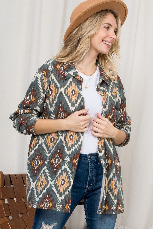 e Luna PLUS Fuzzy Aztec Button Down Shacket