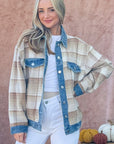 And The Why Full Size Washed Denim Detail Brushed Plaid Jacket