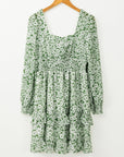 Floral Square Neck Shirred Waist Ruffle Dress